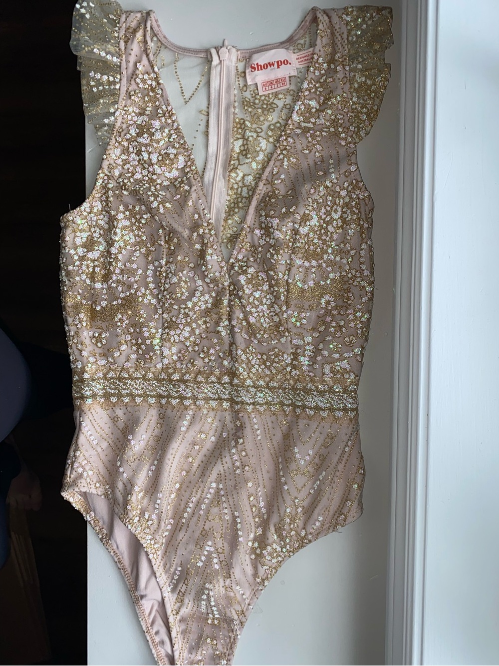 Showpo Gold Glitter Nude Illusion Bodysuit